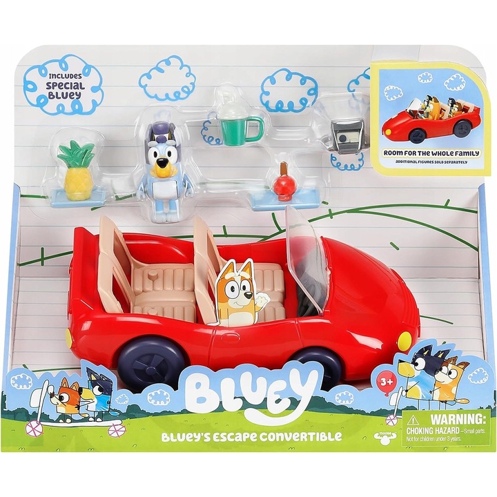 Bluey autó figura és kiegészítőkkel, Moose Toys, piros, 4 figura, 9 elem