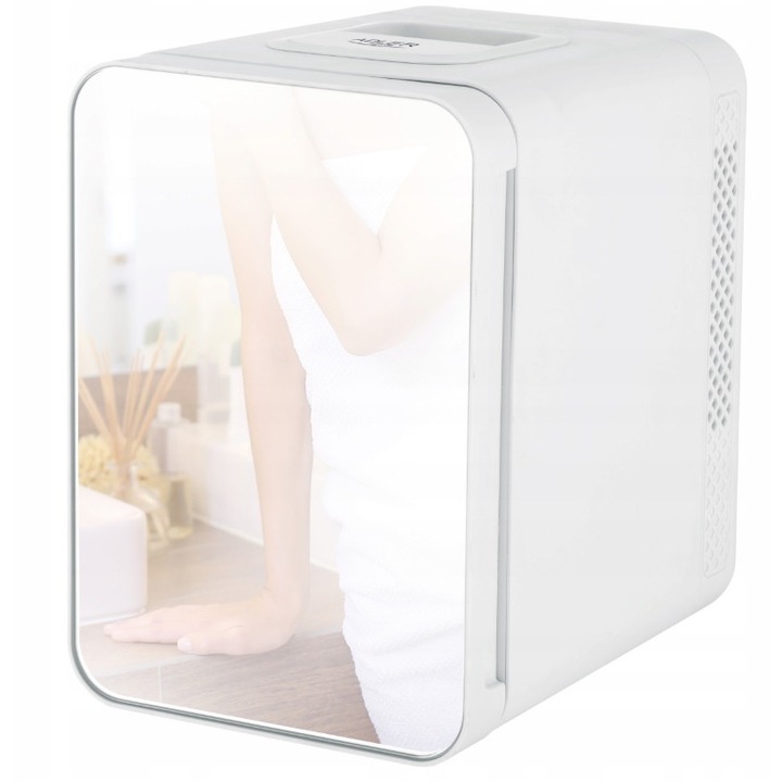 Преносим мини хладилник с огледало, 4л, функция за охлаждане и затопляне, 12V/230V, размери 18,3x24,7x27см