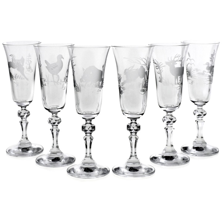 Set pahare sampanie 150ml, cu motive vanatoresti, fara culoare, 6 bucati