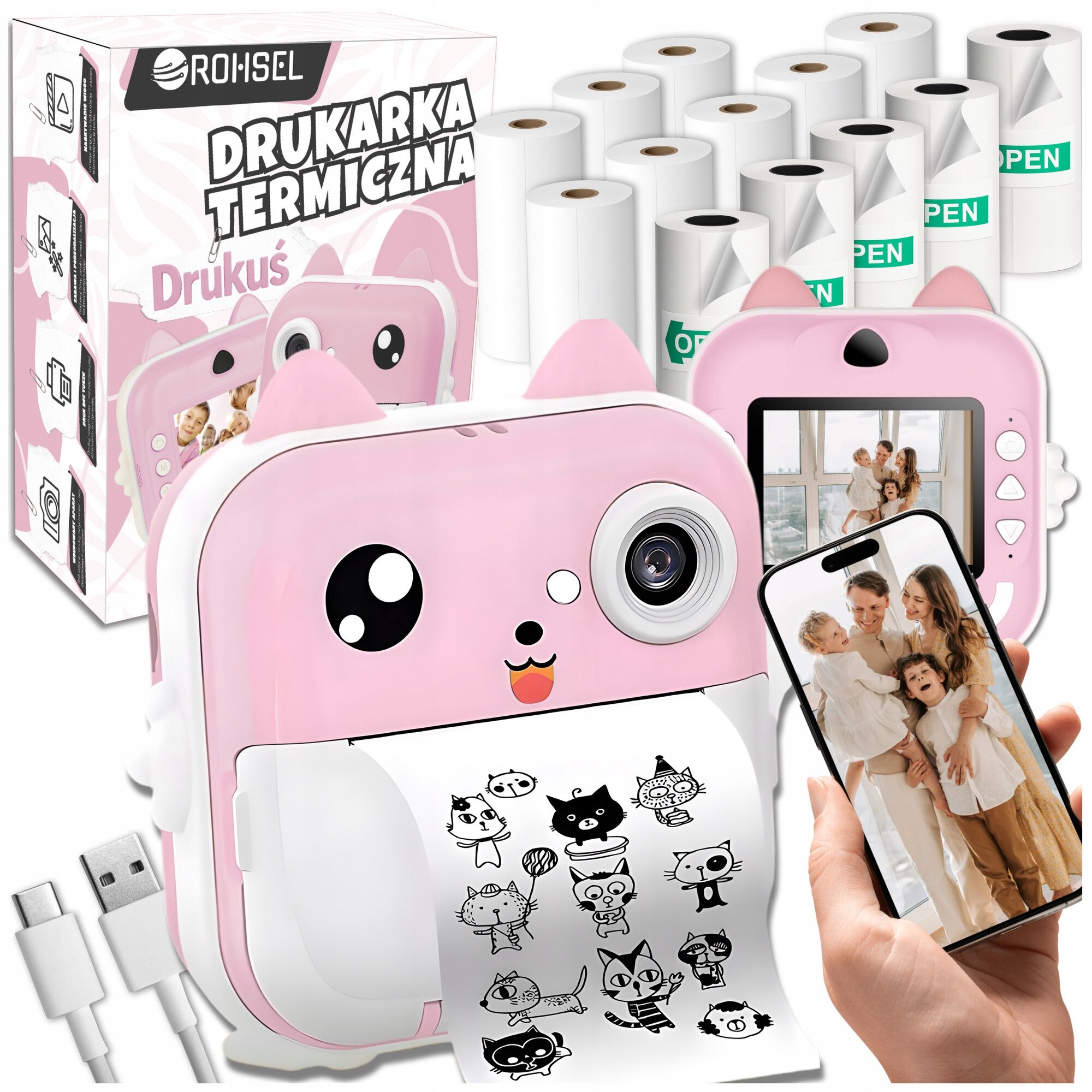 Poza Cu Inprimanta Roz Mini imprimanta termica Drukus 3.0, aparat foto instant, 48MP, roz, set ...