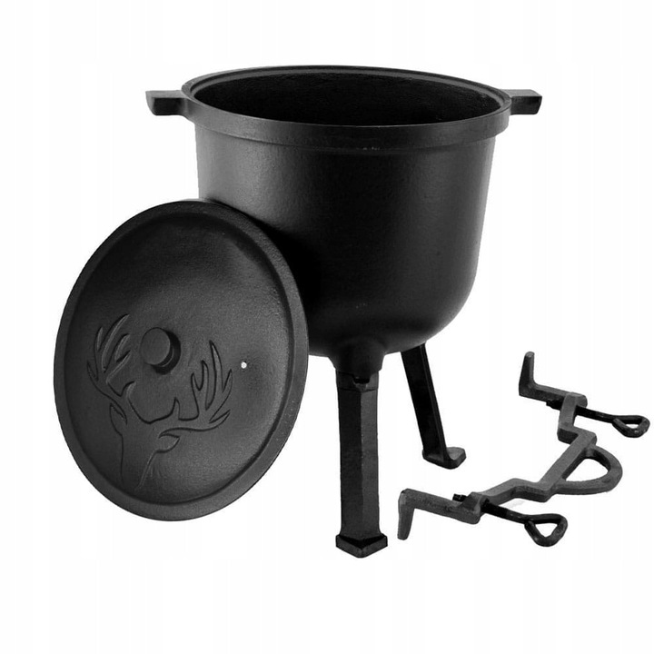 Kociolek zeliwny 8L, pentru foc, cu capac si 3 picioare detasabile, ideal pentru preparate traditionale, negru