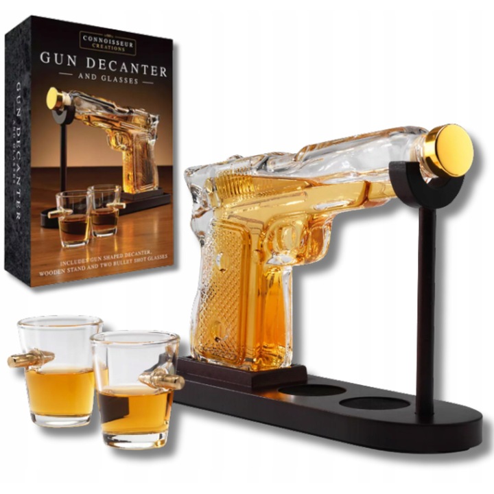 Carafa in forma de pistol cu 2 pahare, 220 ml, sticla fara plumb, transparent