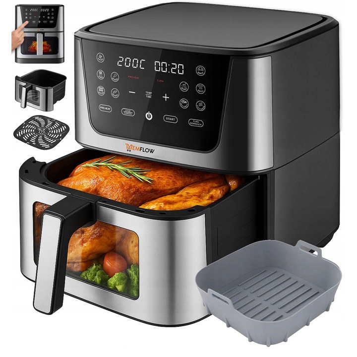 Friteuza MEMFLOW 8L 1800W, 14 programe automate, neagră, set complet cu tavă din silicon