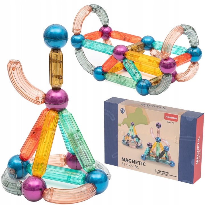 Set de Constructie Magnetic Sticks, 36 elemente, cu LED, multicolor, 3+ ani