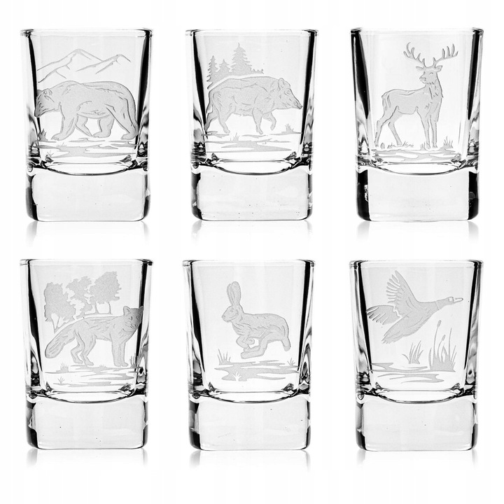 Set pahare kwadratice pentru vodca 50ml, cu motive vanatoresti, 6 bucati, transparent, 67x45mm