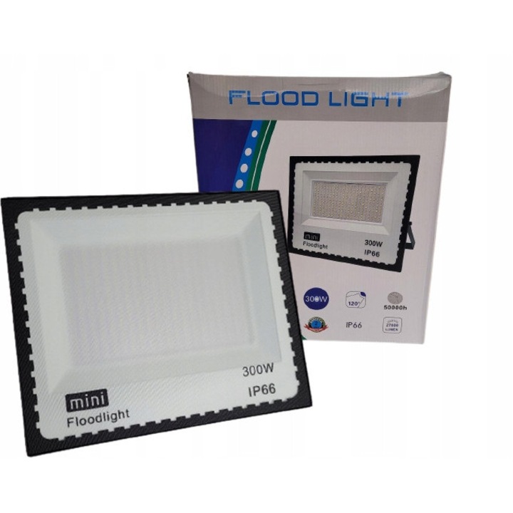 Proiector LED 300W, 27000lm, alb rece, IP66, set pentru exterior