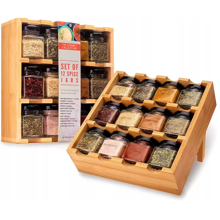 Stojak pentru condimente ZLARO, 12 recipiente din sticla, bambus, multicolor