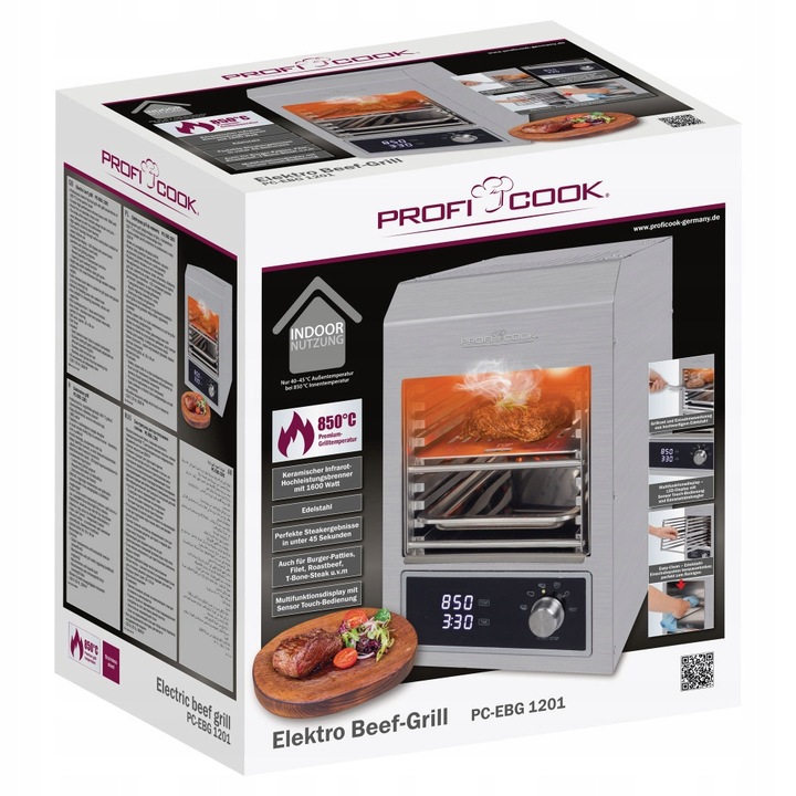 Gratar electric Profi Cook, model PC-EBG 1201, 1600W, inox, 30x18cm, set complet cu accesorii