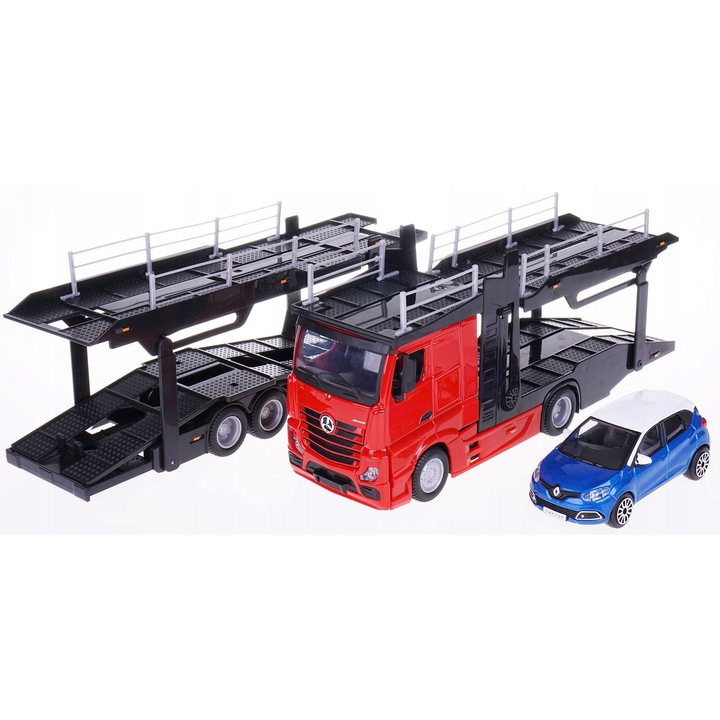 Autószállító készlet Mercedes-Benz Actros TIR 1:43 + Renault Captur 1:43, fém és műanyag, többszínű, 52x11x15,5cm, BBurago