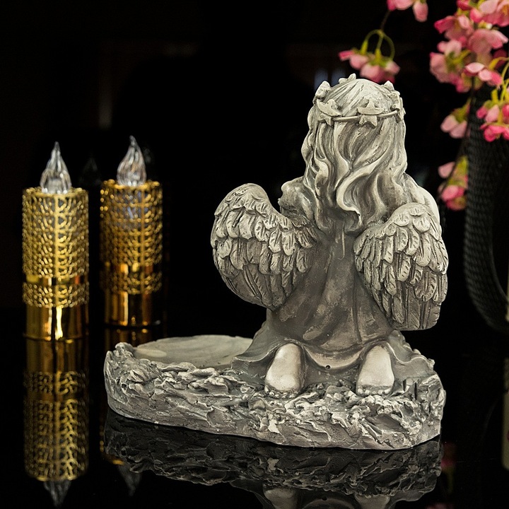 Figurina decorativa din gips Aniol cu lampa solara, gri, 21,5x22x15cm