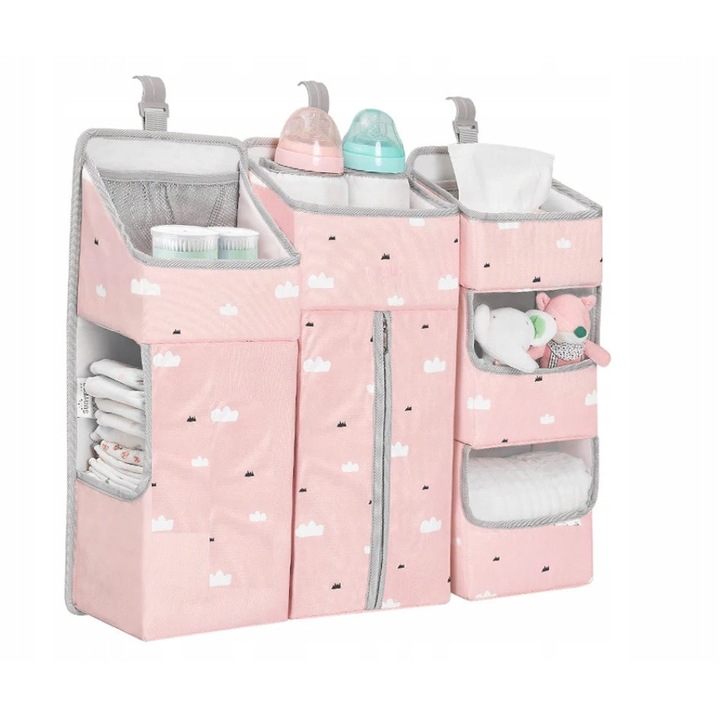 Organizator 3 in 1 pentru patut, K&M, roz, cu multiple compartimente