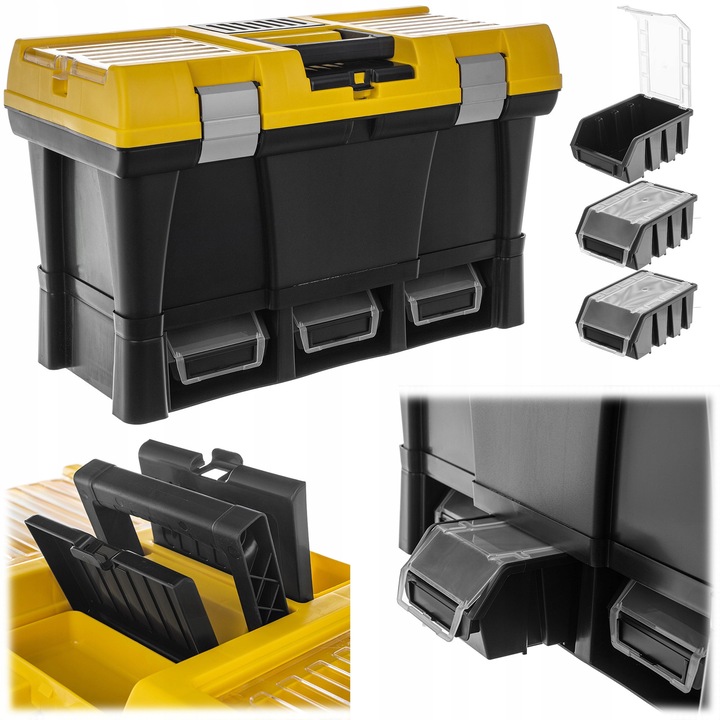 Kadax rendszerező doboz, 3 táska, 4 rendszerező, sárga/fekete/ezüst, 52x25x34cm