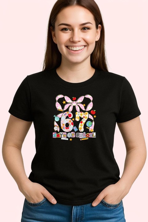 Tricou Dama SIX SEVEN 67 Fundita Inimi Copii, Negru