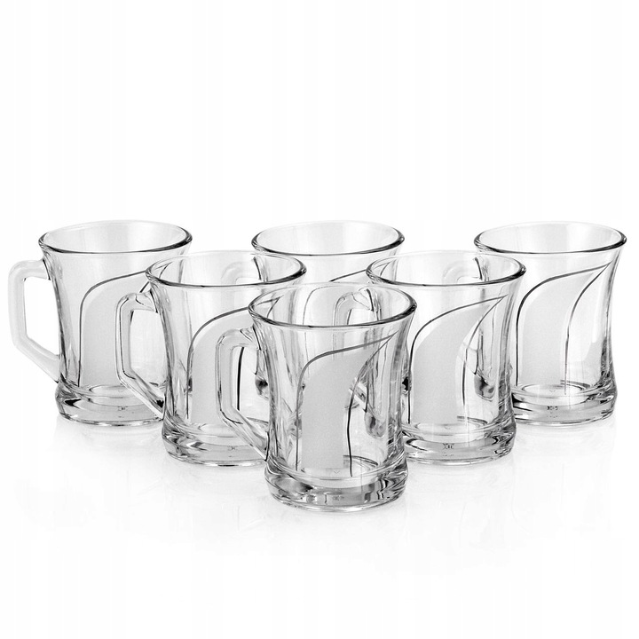 Set de 6 cani din sticla, 200 ml, fara culoare, cu detalii argintii, 90x78mm