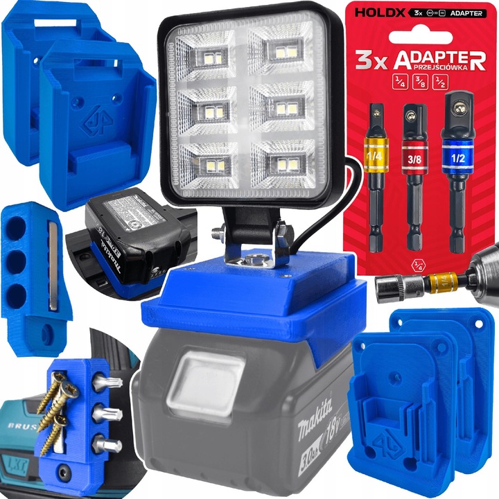 Set accesorii P4U pentru unelte Makita 18V, lampa LED, 2 suporturi unelte, 2 suporturi baterii, albastru