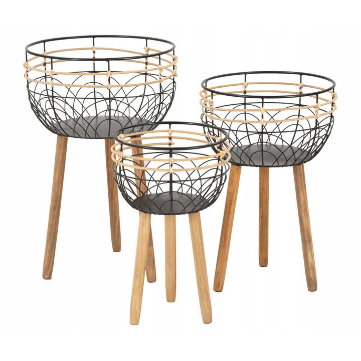 Set suporturi pentru flori, Mauro Ferretti, 3 piese, metal cu rattan, negru, dimensiuni: 35x54,5cm, 30x48cm, 25x41,5cm