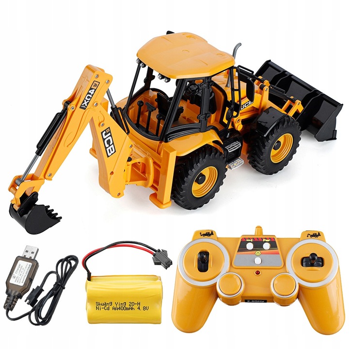 Koparko-incarcatoare RC JCB, 1:20, functii de sunet, dimensiuni 41x15x20cm, set complet
