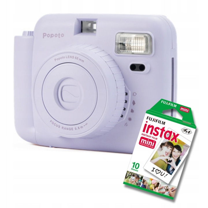 Моментален фотоапарат Popoto, виолетов, комплект с 10x филм Instax, 14x11x6,8см