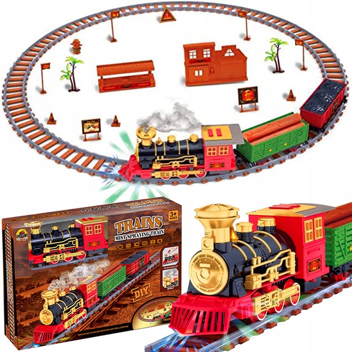 Trenulet electric TRIFOX cu locomotiva fumeganda, set complet, 268cm, 2 vagoane, 22cm