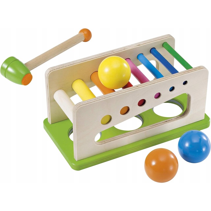 Joc interactiv din lemn cu ciocan si bile, multicolor, 30x20x10cm