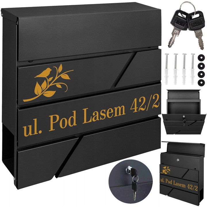 Cutie postala personalizata M-TEC, neagra RAL9005, cu suport pentru ziare, 37x37x10,5cm