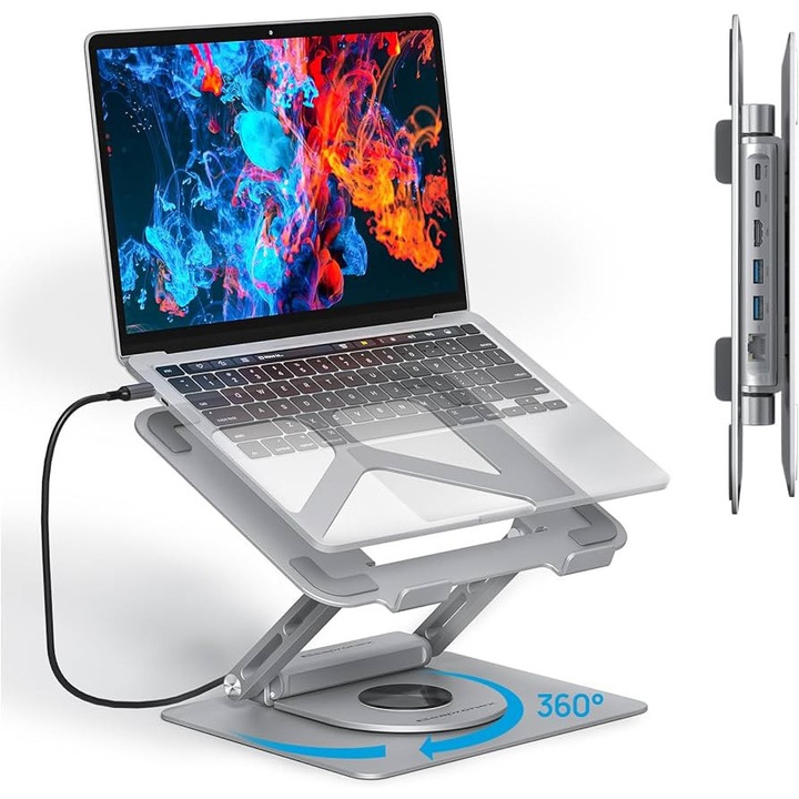 Stojak pentru laptop cu hub USB 360, aluminiu, 13-17 inch, inaltime reglabila 3-35 cm, rotire 360