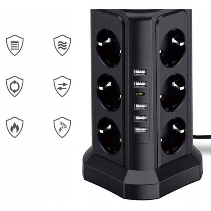 Вертикален разклонител LT-01, 12 контакта, 5 USB порта, защита от мълнии, 20x12x12см