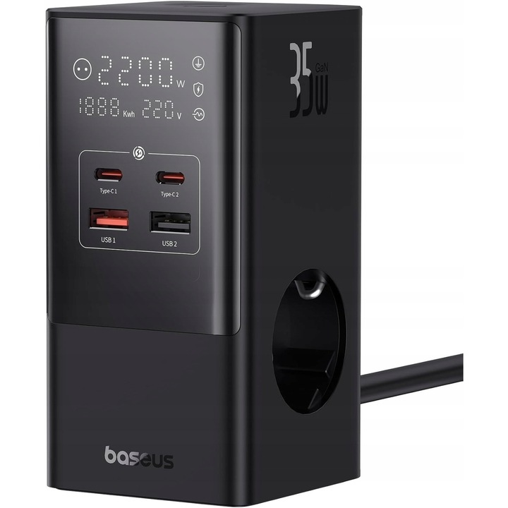 Удължител 35W Baseus GaN5, 3 AC + 2 USB-C + 2 USB-A, компактен, черен