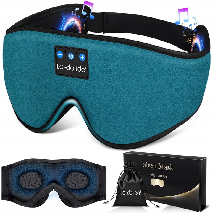 Masca de somn 3D cu Bluetooth, LC-dolida, 100% zaciemnire, 15h autonomie, albastra, set complet