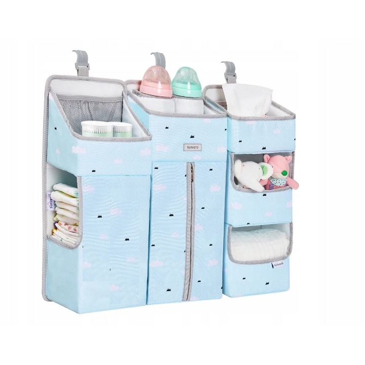 Organizator 3 in 1 pentru patut, K&M, albastru, dimensiuni variabile, cu multiple compartimente