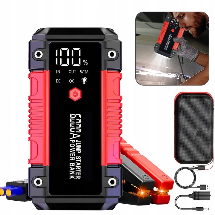 Starter auto, 6000A, 39800mAh, 12V, cu powerbank, LED, dimensiuni 18,5x9,5x4,3cm