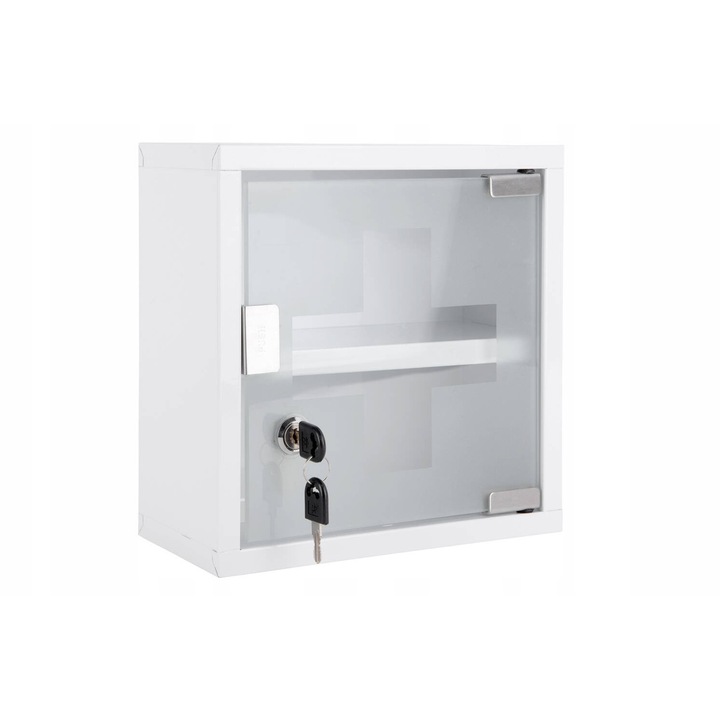 Trusa metalica alba suspendata, Present Time, 25x25x12cm, cu usa din sticla, cu inchidere