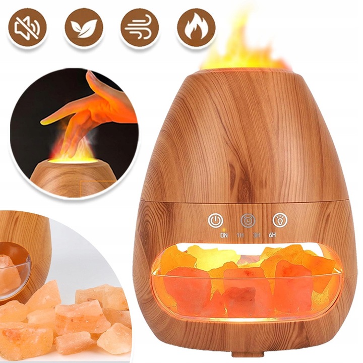Difuzor aromaterapie 3 in 1, efect flacara LED, cristale de sare himalayana, 200ml, culoare lemn