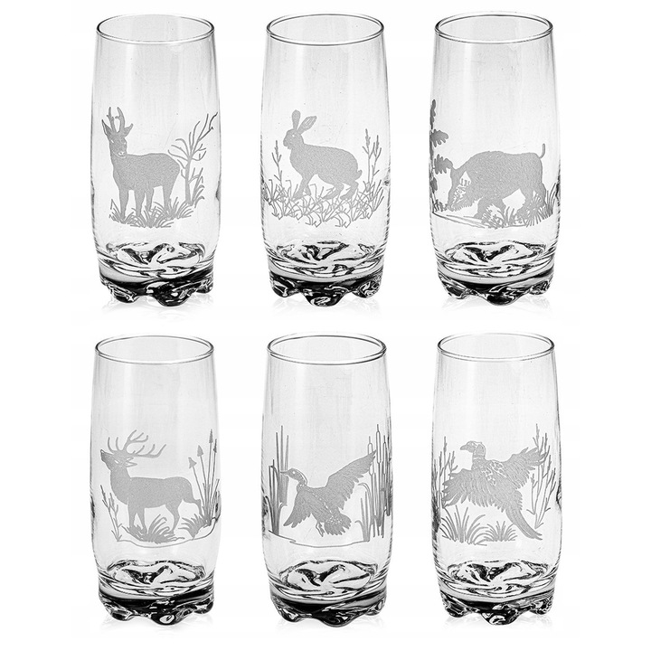 Vadászat témájú gravírozott pohárkészlet, 350 ml, 6 darab, átlátszó, 150x65 mm