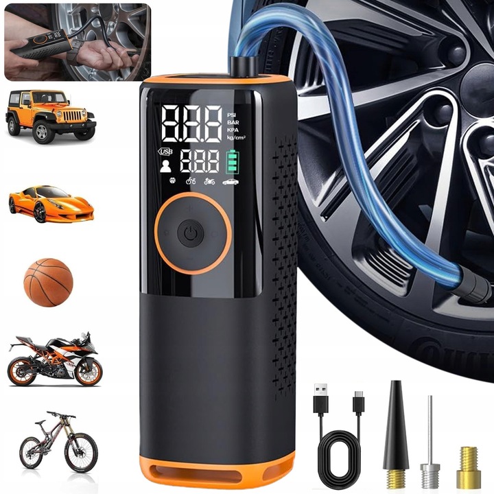 Електрическа въздушна помпа за автомобили и велосипеди, 160 PSI, с аварийно осветление