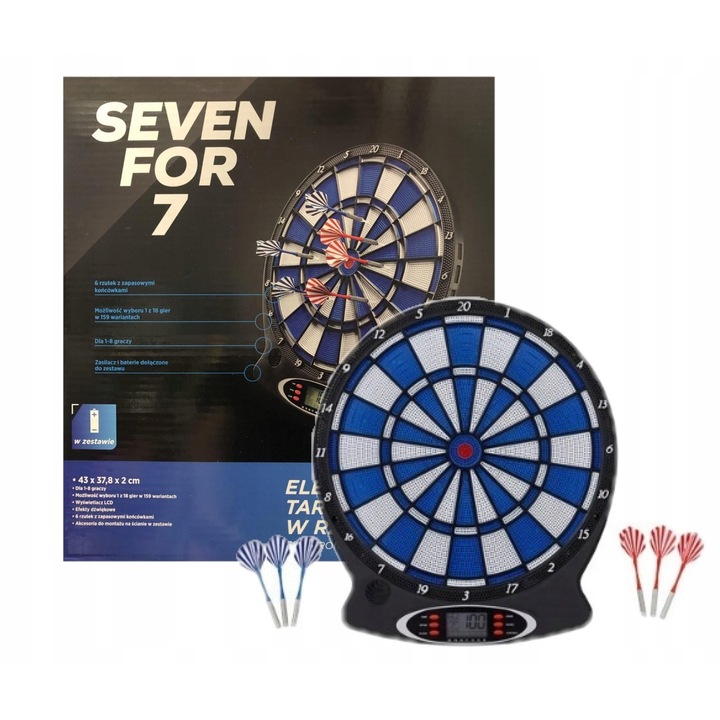 Seven elektronikus darts tábla, 43x37,8x2cm, 1-8 játékos, 18 játék, 6 nyíl, elemes működés