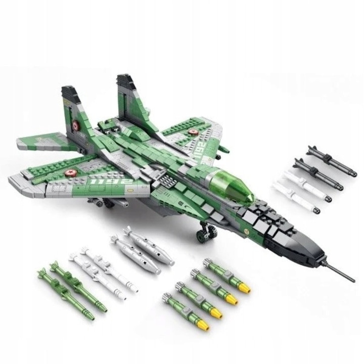 Set de constructie K&M, model avion militar MiG-29, 1290 elemente, dimensiuni 48x34x15cm, detalii realiste, aripi mobile