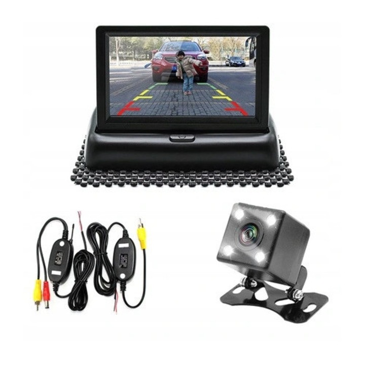 Set monitor 4.3'', camera de marsarier, Kopier, wireless, rezistent la apa, dimensiuni monitor 125x25x105mm, dimensiuni camera 23x23x23mm