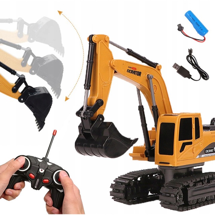 Excavator cu telecomanda , 1:24, cu pilot, 360° rotire, culoare galbena, set complet