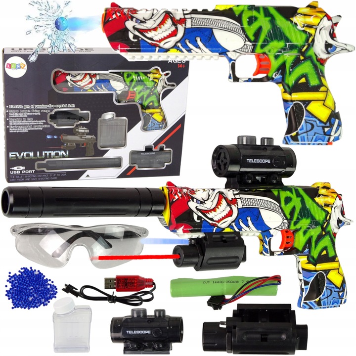 Pistol electric automat Desert Eagle, set complet cu luneta, laser, acumulator, 5000 bile de gel, culoare multicolor