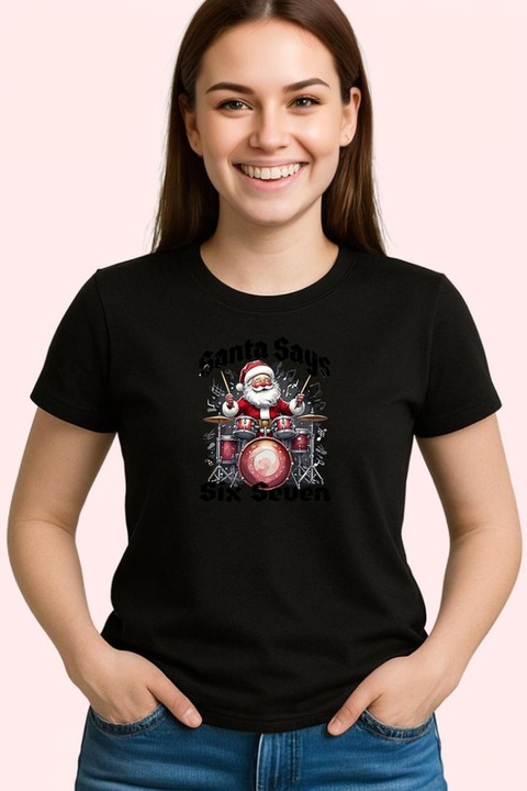 Tricou Dama SIX SEVEN 67 Mos Craciun Rock, Negru