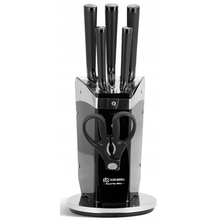 Set de cutite cu suport, 5 piese, inox, negru, dimensiuni variate