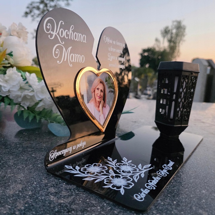 Znic solar LED personalizat cu suport in forma de inima, Decortrend, negru, 20x28cm