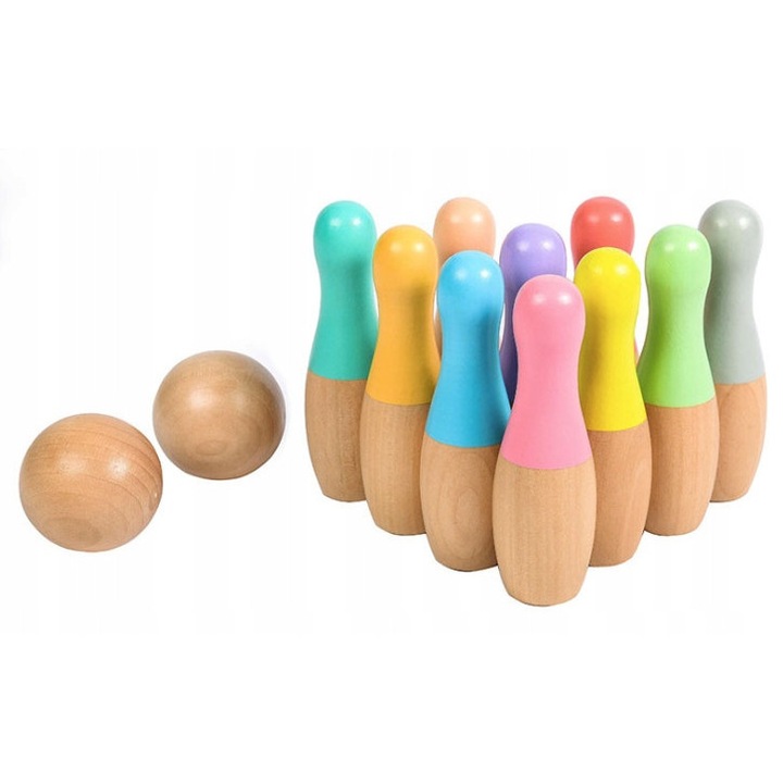 Fából készült bowling készlet, Pan és Pani Gadget, 2 golyó, 10 darab, 12x4cm, többszínű