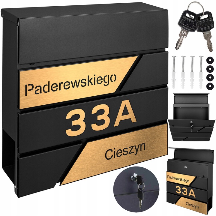 Cutie postala personalizata MTEC, neagra RAL9005, dimensiuni 37x37x10,5cm, cu suport pentru ziare, 2 chei incluse