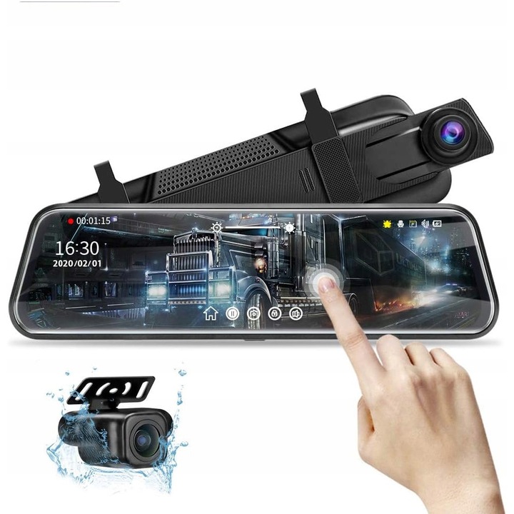 Camera auto DVR, 9.66 inch, Full HD, cu senzor de soc, inregistrare nocturna, set fata + spate