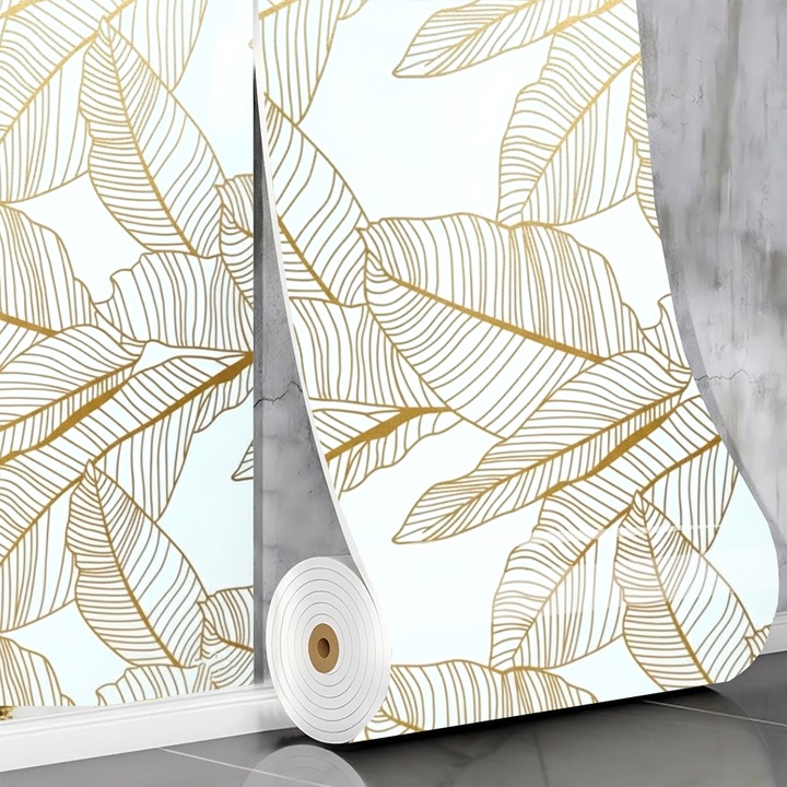 Rola Tapet 3D Teno®, model frunze, suprafata acoperire 3.6 mp, autoadeziva, waterproof, usor de montat, design modern, 3 x 1.2 m, alb/auriu
