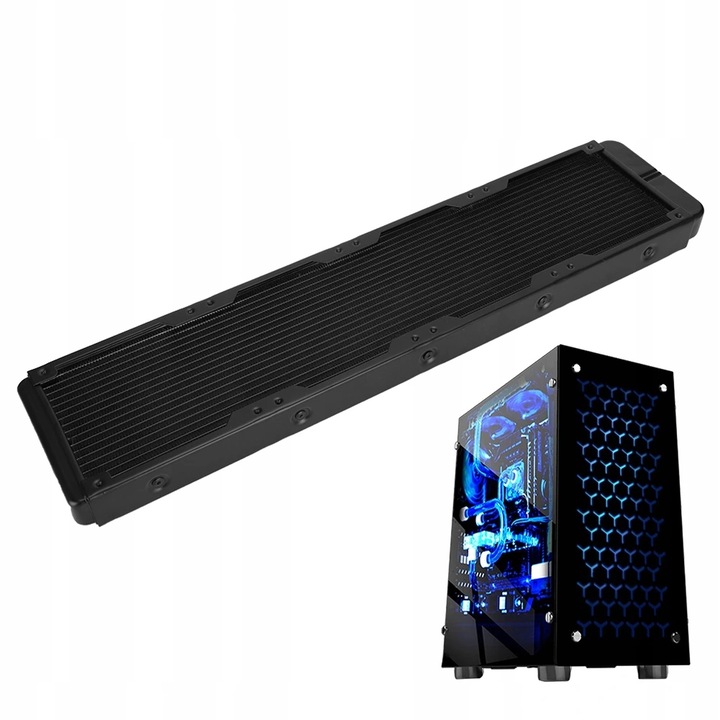 Racitor apa aluminiu 395x120x32mm, 18 tuburi, montaj 3 ventilatoare 120mm, set cu suruburi