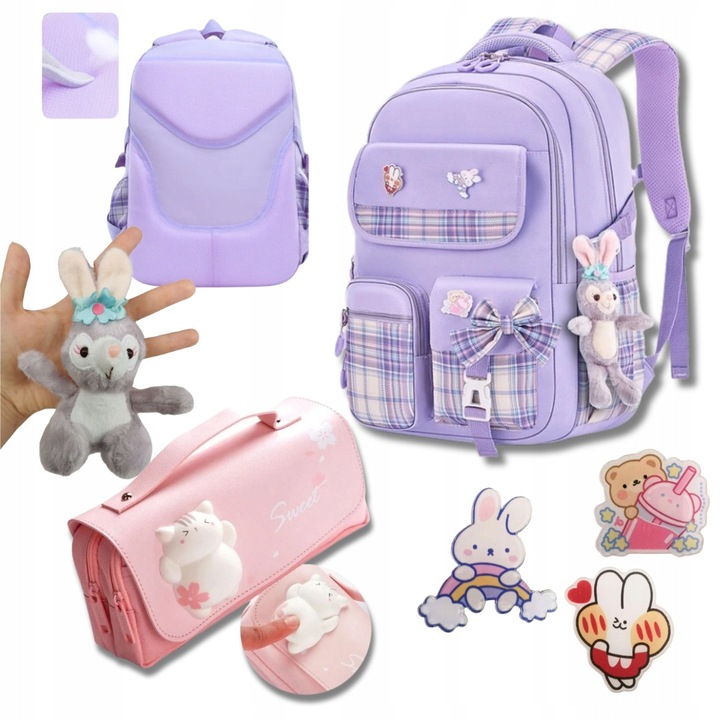 Set ghiozdan scolar K&M fiolet, 45x33x16cm + piorna roz, 3 compartimente, breloc inclus