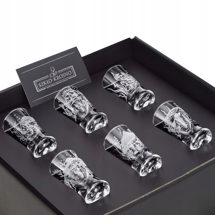 Vodka pohár készlet 25ml horgász motívumokkal, 6 darabos, átlátszó